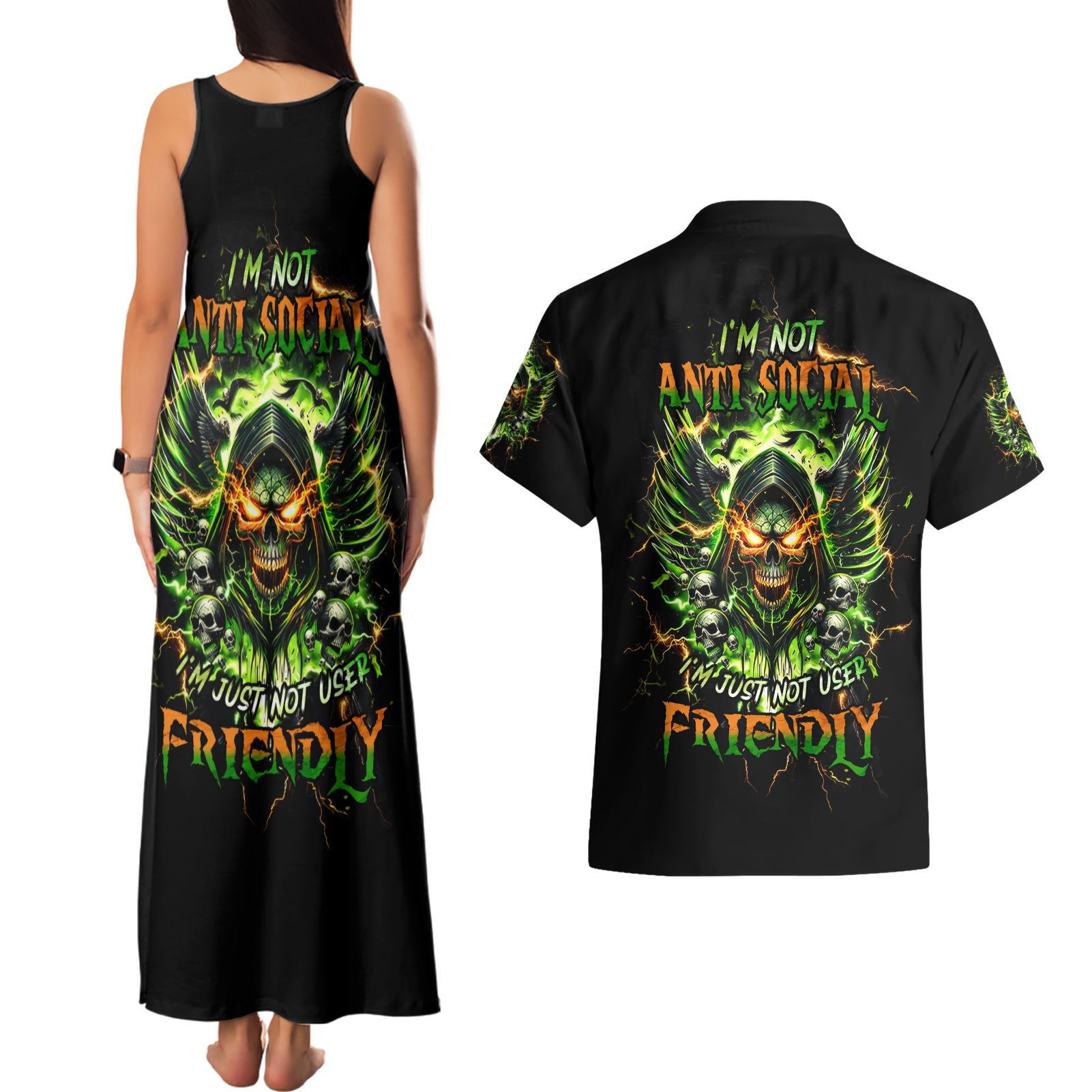 Doule Skull Couples Matching Tank Maxi Dress and Hawaiian Shirt Angel To Some Demon To Most