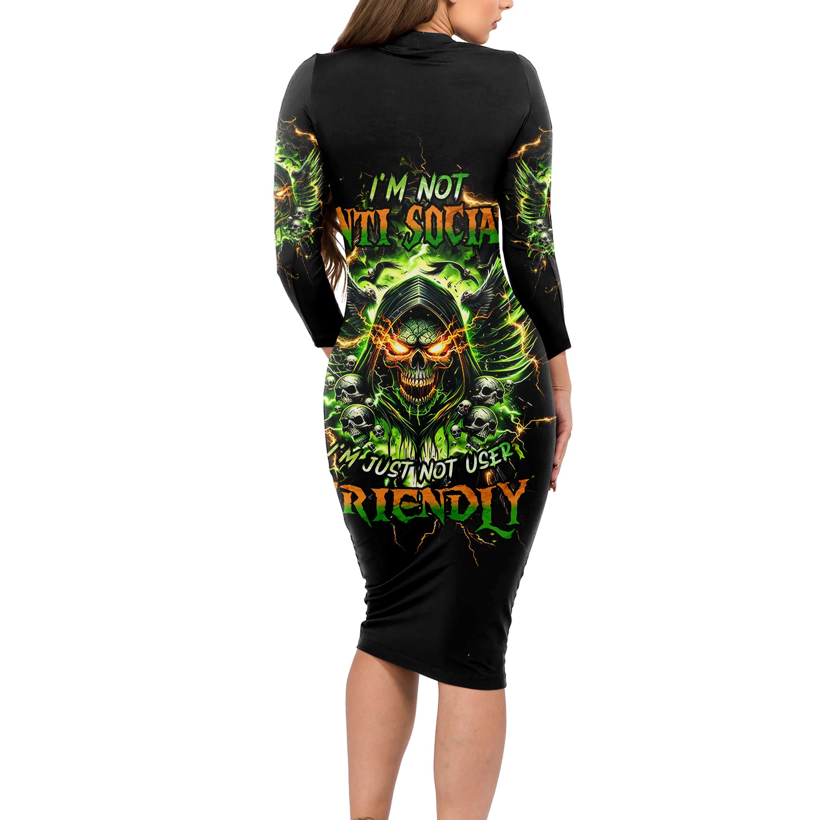 Doule Skull Long Sleeve Bodycon Dress Angel To Some Demon To Most