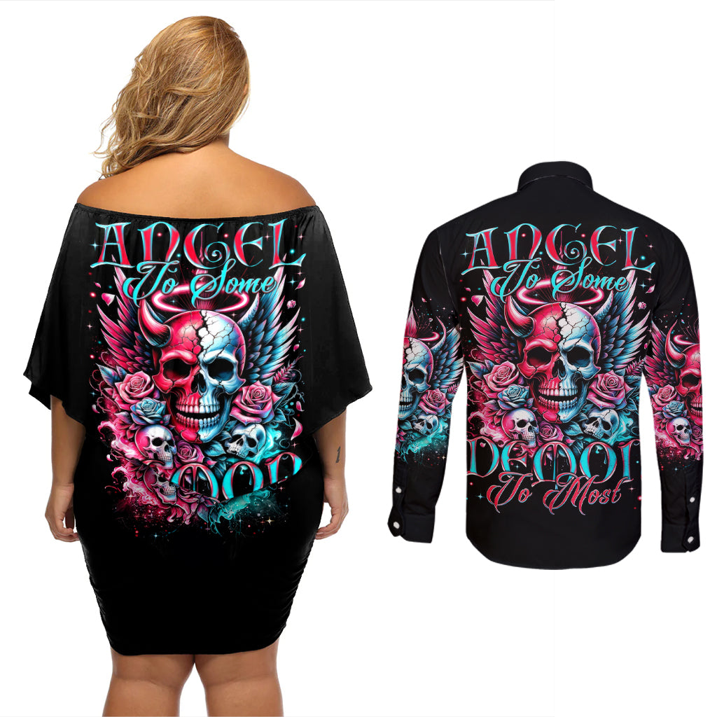 Couple Skull Couples Matching Off Shoulder Short Dress and Long Sleeve Button Shirt She Was And Angel Craving Chaos Demon Seeking Peace