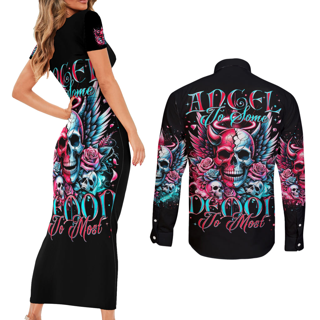 Couple Skull Couples Matching Short Sleeve Bodycon Dress and Long Sleeve Button Shirt She Was And Angel Craving Chaos Demon Seeking Peace