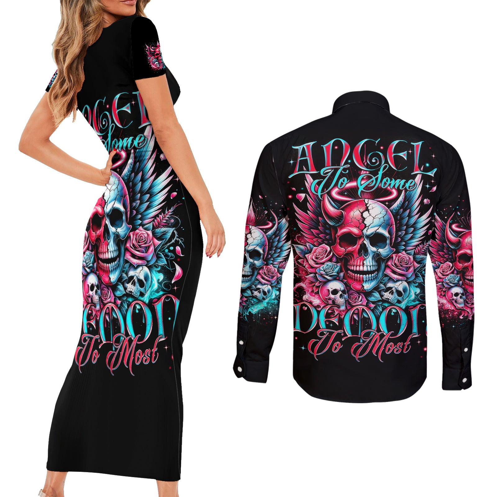 Couple Skull Couples Matching Short Sleeve Bodycon Dress and Long Sleeve Button Shirt She Was And Angel Craving Chaos Demon Seeking Peace