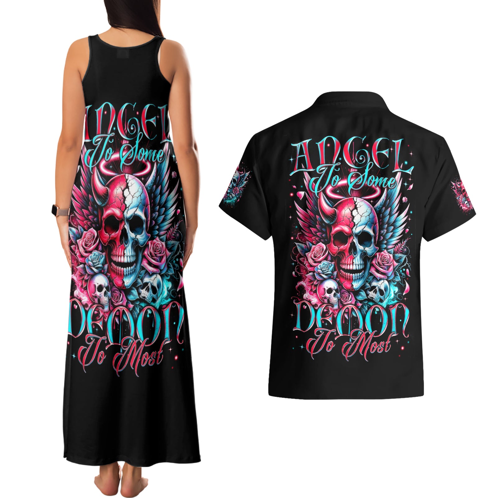 Couple Skull Couples Matching Tank Maxi Dress and Hawaiian Shirt She Was And Angel Craving Chaos Demon Seeking Peace