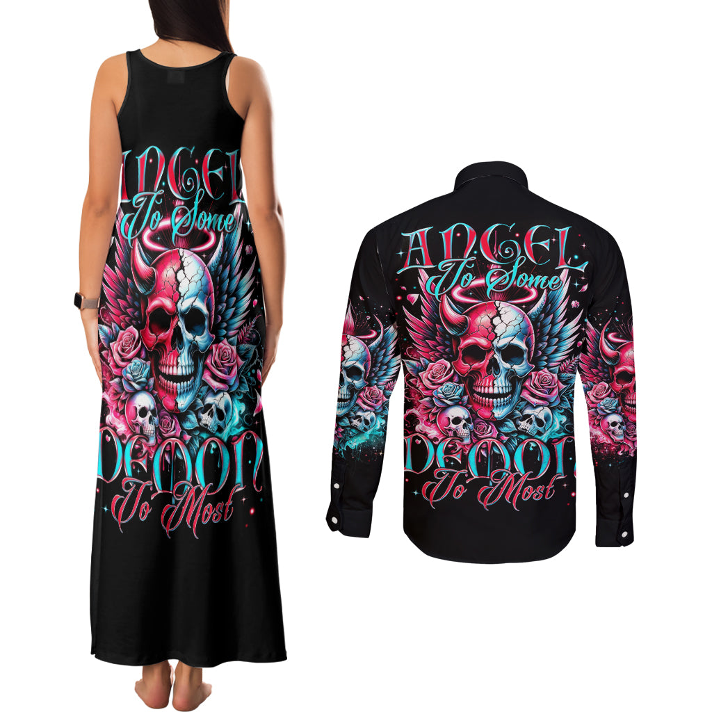 Couple Skull Couples Matching Tank Maxi Dress and Long Sleeve Button Shirt She Was And Angel Craving Chaos Demon Seeking Peace