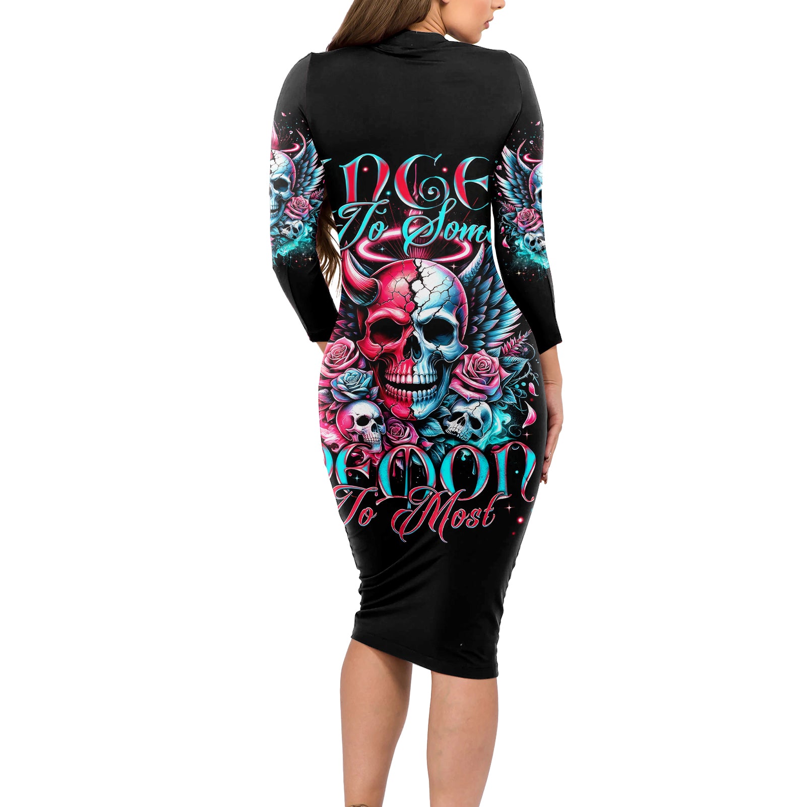 Couple Skull Long Sleeve Bodycon Dress She Was And Angel Craving Chaos Demon Seeking Peace