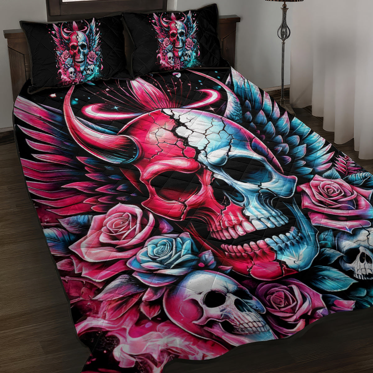 Couple Skull Quilt Bed Set She Was And Angel Craving Chaos Demon Seeking Peace