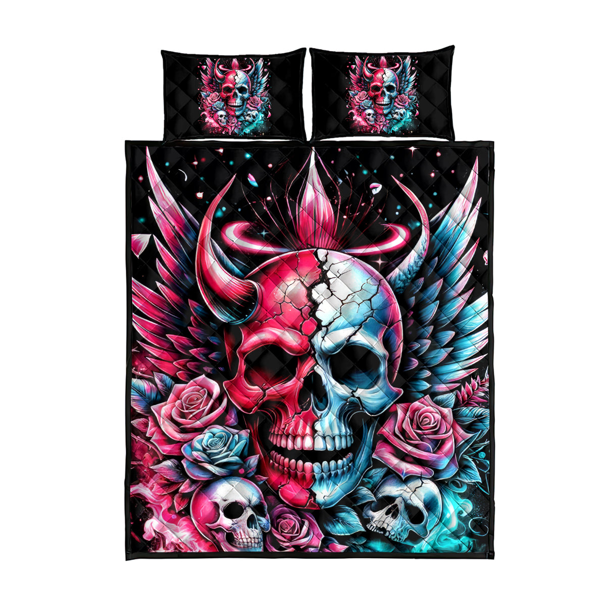 Couple Skull Quilt Bed Set She Was And Angel Craving Chaos Demon Seeking Peace