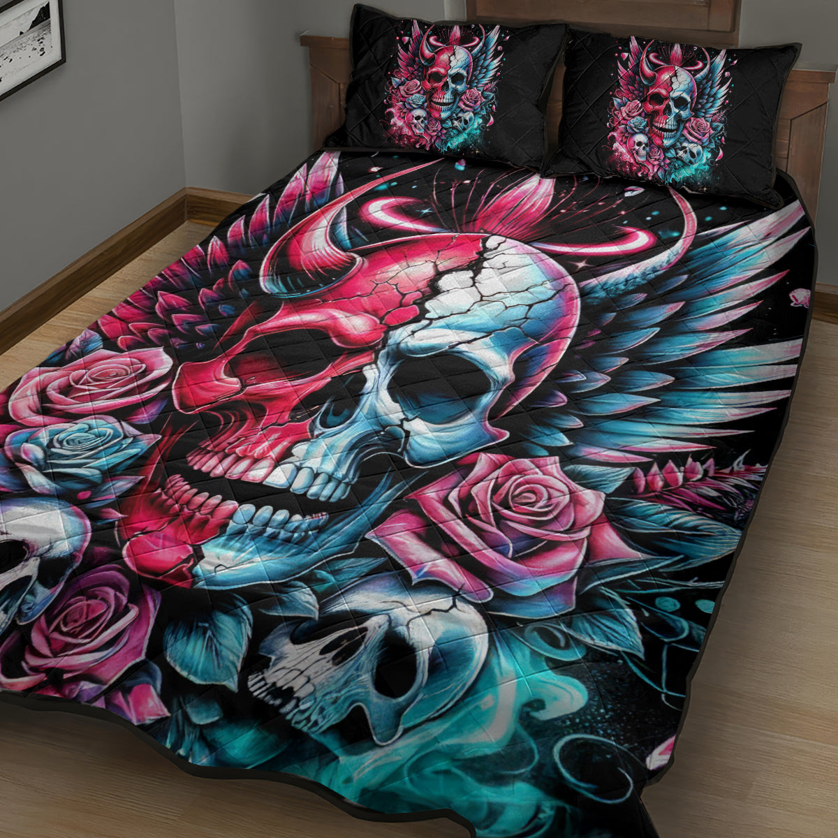 Couple Skull Quilt Bed Set She Was And Angel Craving Chaos Demon Seeking Peace