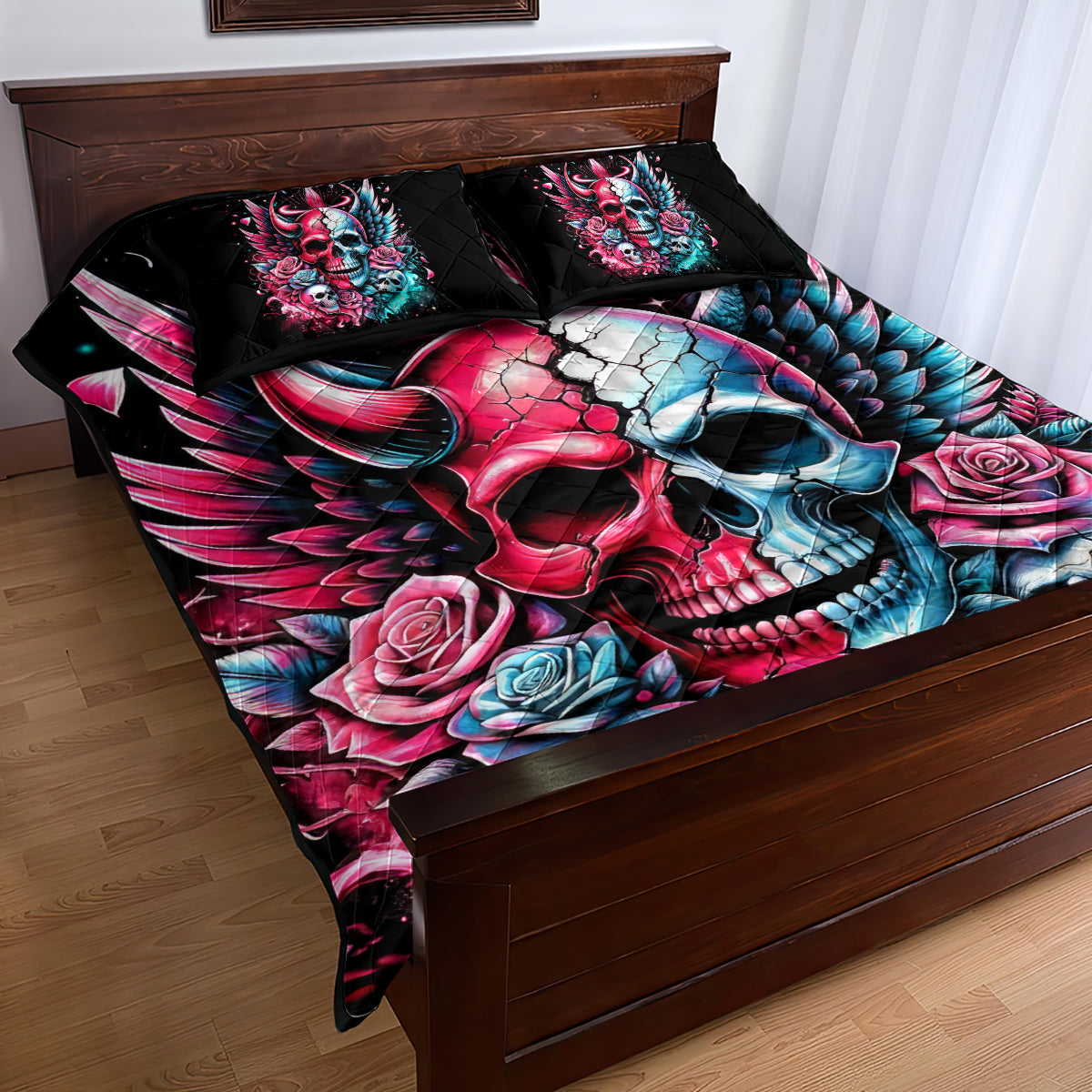 Couple Skull Quilt Bed Set She Was And Angel Craving Chaos Demon Seeking Peace