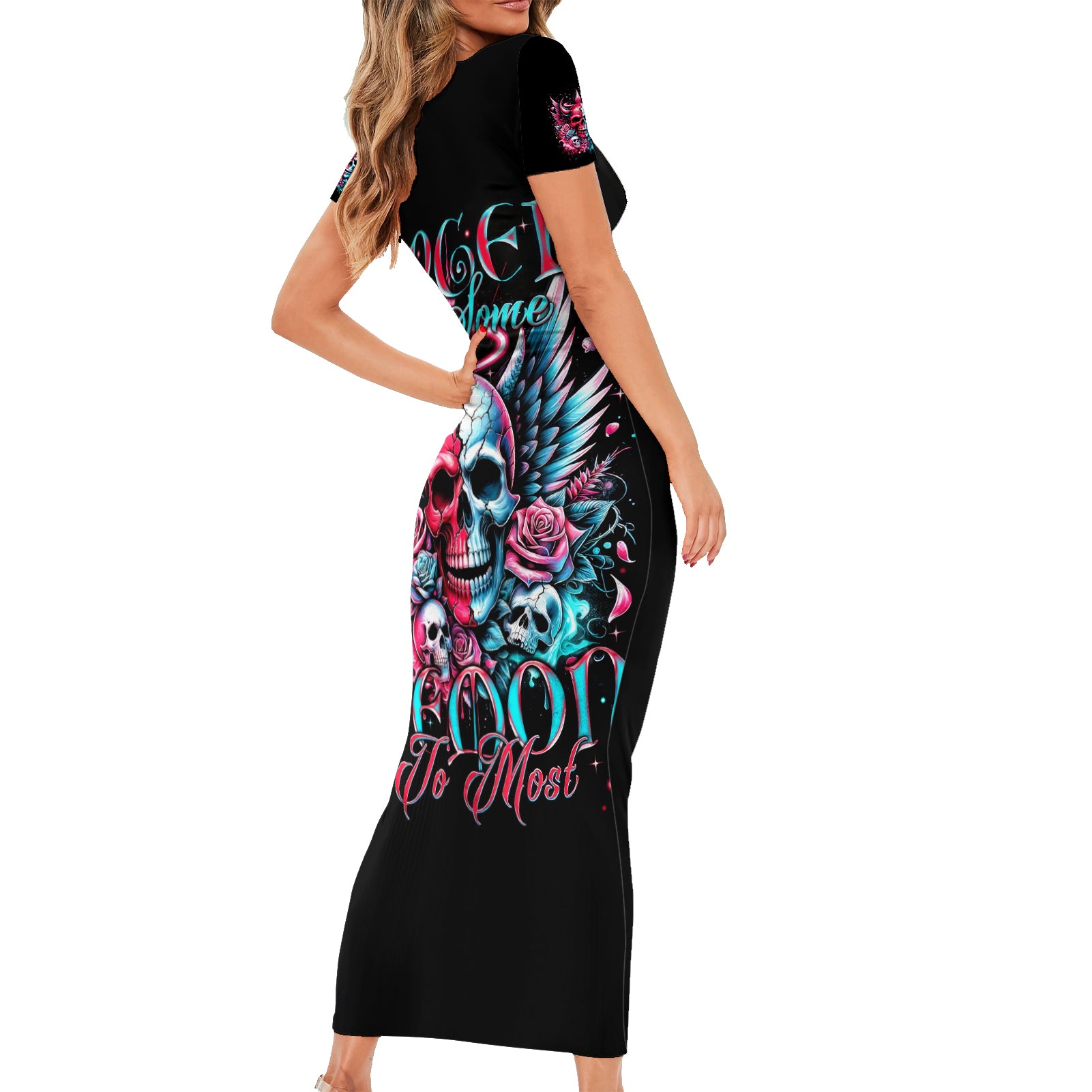 Couple Skull Short Sleeve Bodycon Dress She Was And Angel Craving Chaos Demon Seeking Peace