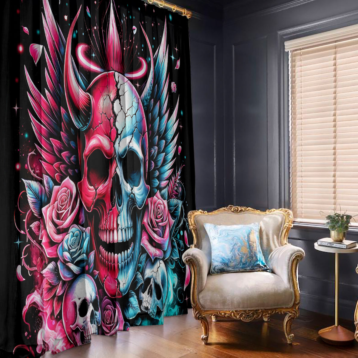 Couple Skull Window Curtain She Was And Angel Craving Chaos Demon Seeking Peace