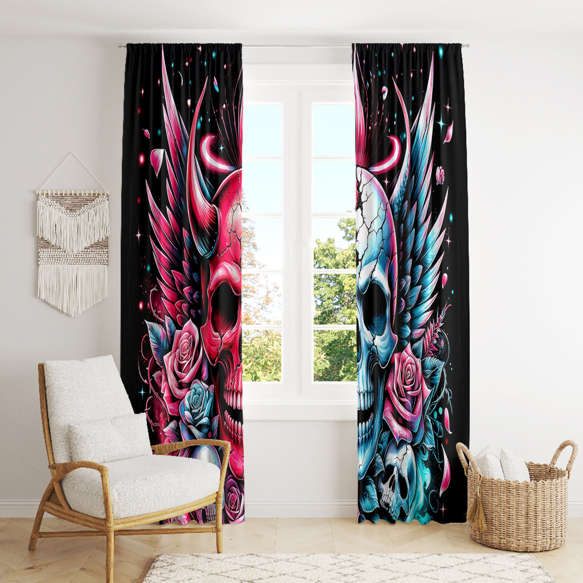 Couple Skull Window Curtain She Was And Angel Craving Chaos Demon Seeking Peace