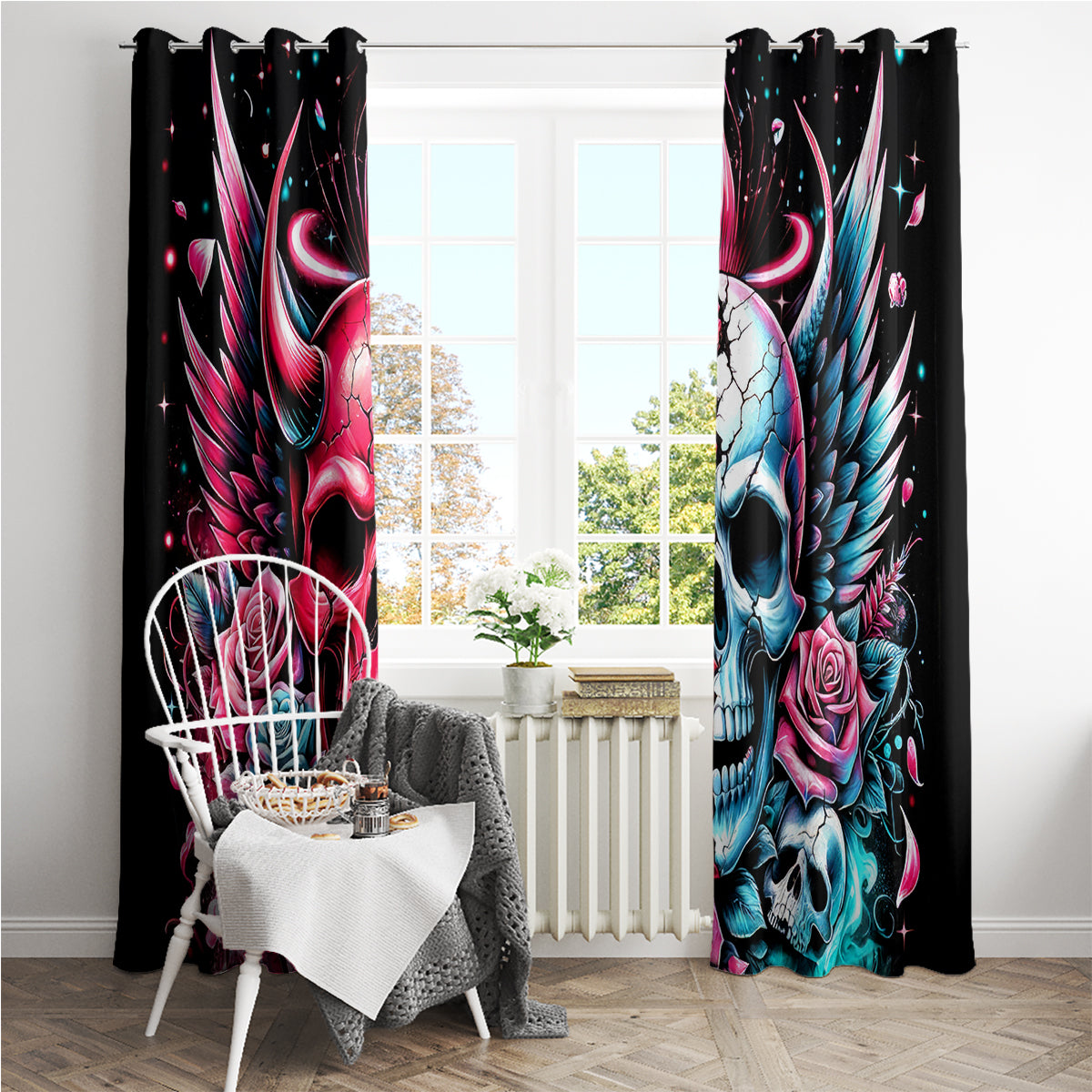 Couple Skull Window Curtain She Was And Angel Craving Chaos Demon Seeking Peace