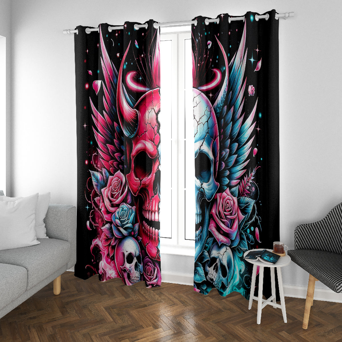 Couple Skull Window Curtain She Was And Angel Craving Chaos Demon Seeking Peace