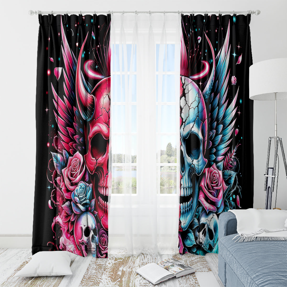 Couple Skull Window Curtain She Was And Angel Craving Chaos Demon Seeking Peace