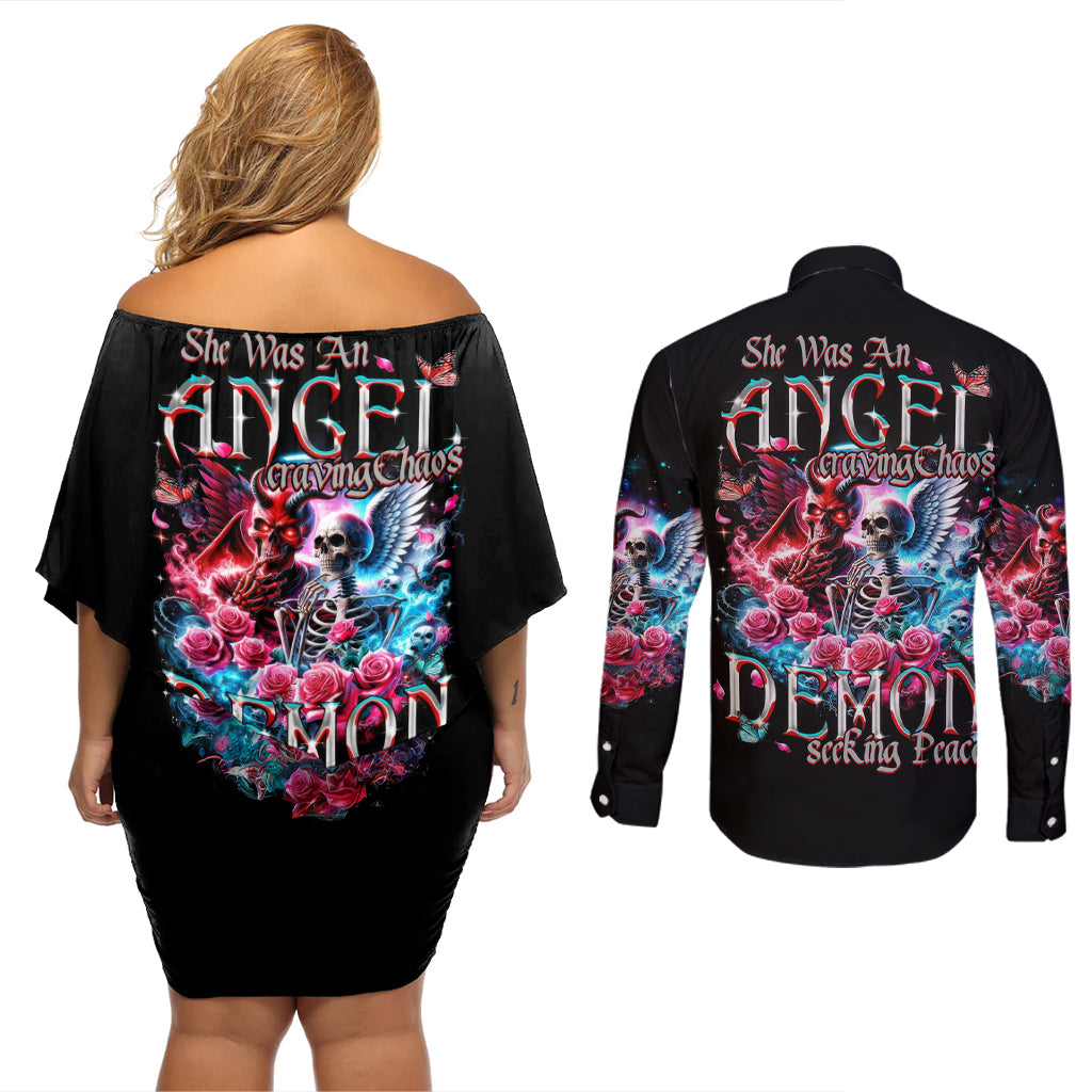 Flame Skull Couples Matching Off Shoulder Short Dress and Long Sleeve Button Shirt I'm Not Anti Social I'm Just Not User Friendly