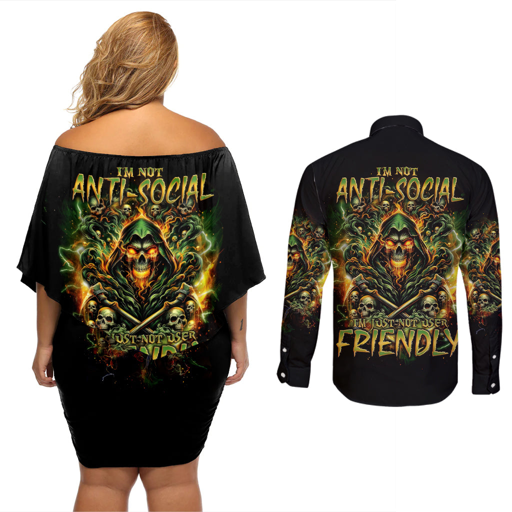 Rose Skull Couples Matching Off Shoulder Short Dress and Long Sleeve Button Shirt Don't Try Figure Me out