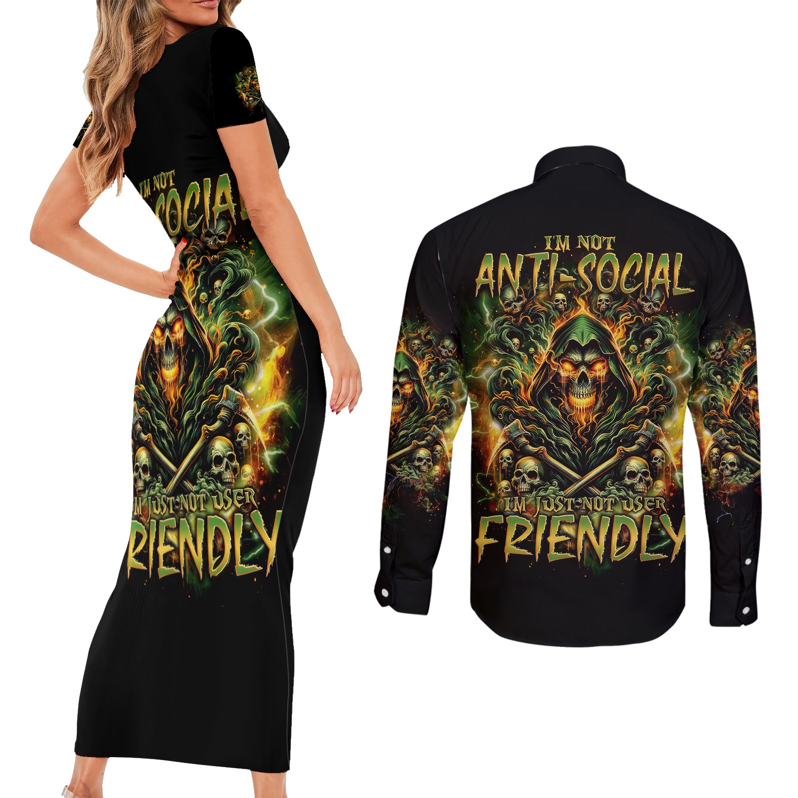 Rose Skull Couples Matching Short Sleeve Bodycon Dress and Long Sleeve Button Shirt Don't Try Figure Me out