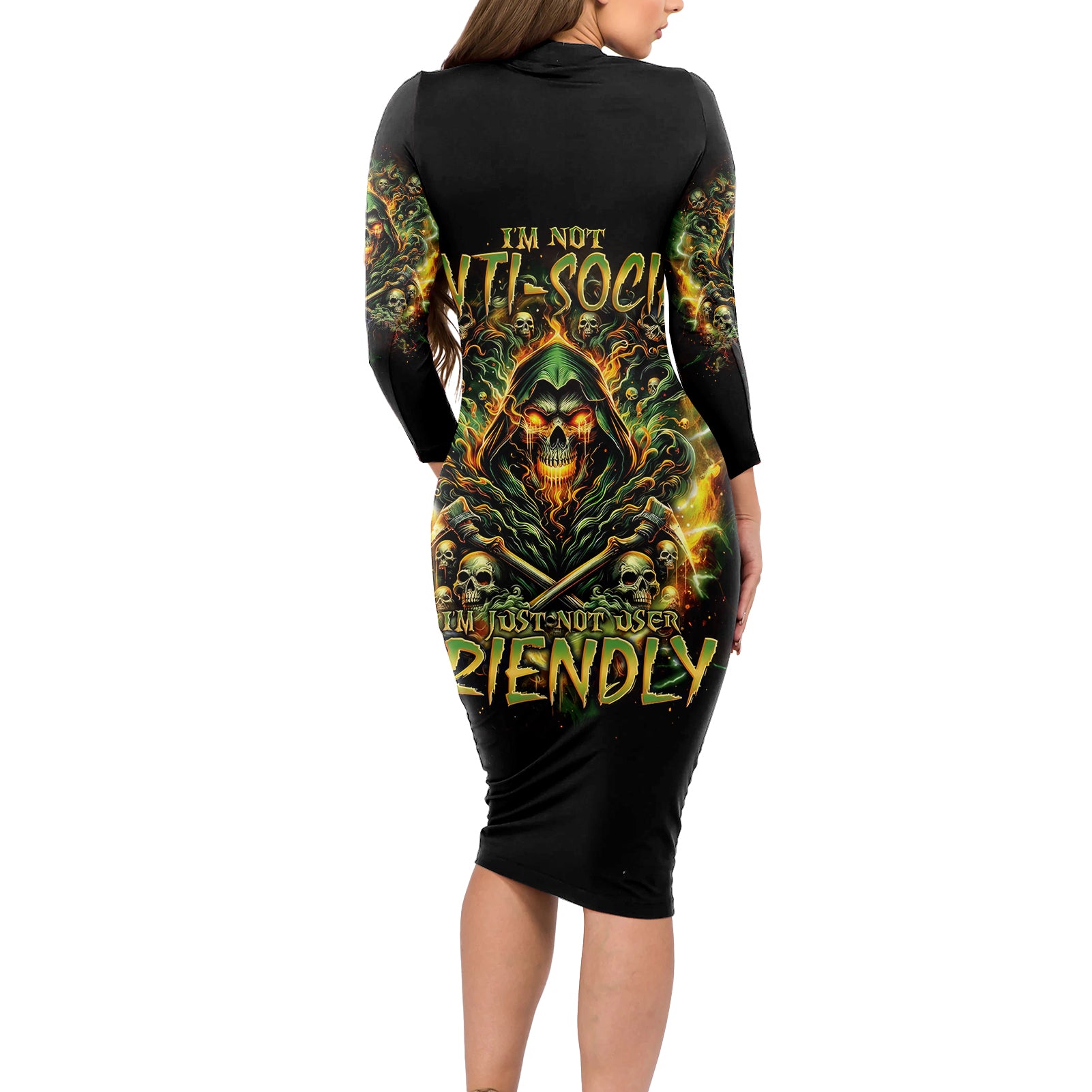 Rose Skull Long Sleeve Bodycon Dress Don't Try Figure Me out
