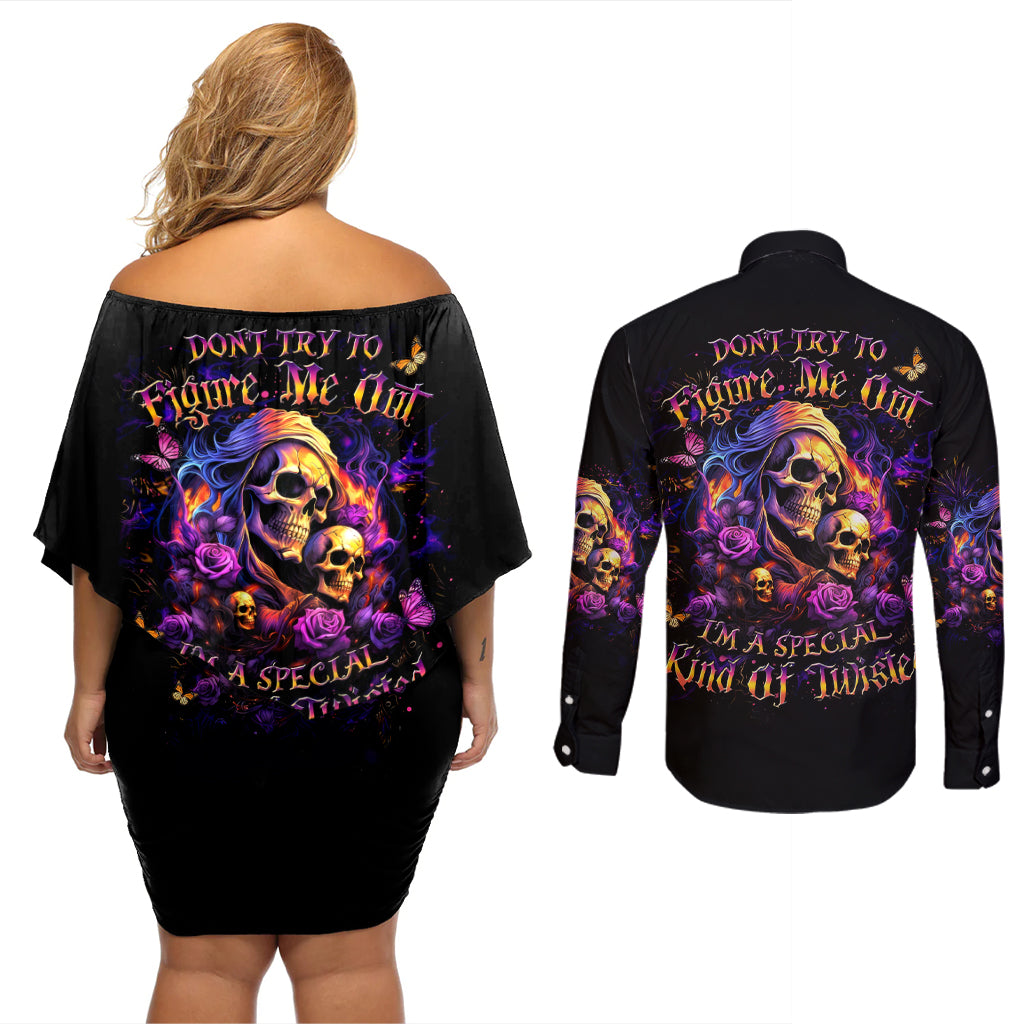 Irish Skull Couples Matching Off Shoulder Short Dress and Long Sleeve Button Shirt Good Girl Drinve Wine, Badass Girl Chug Beer