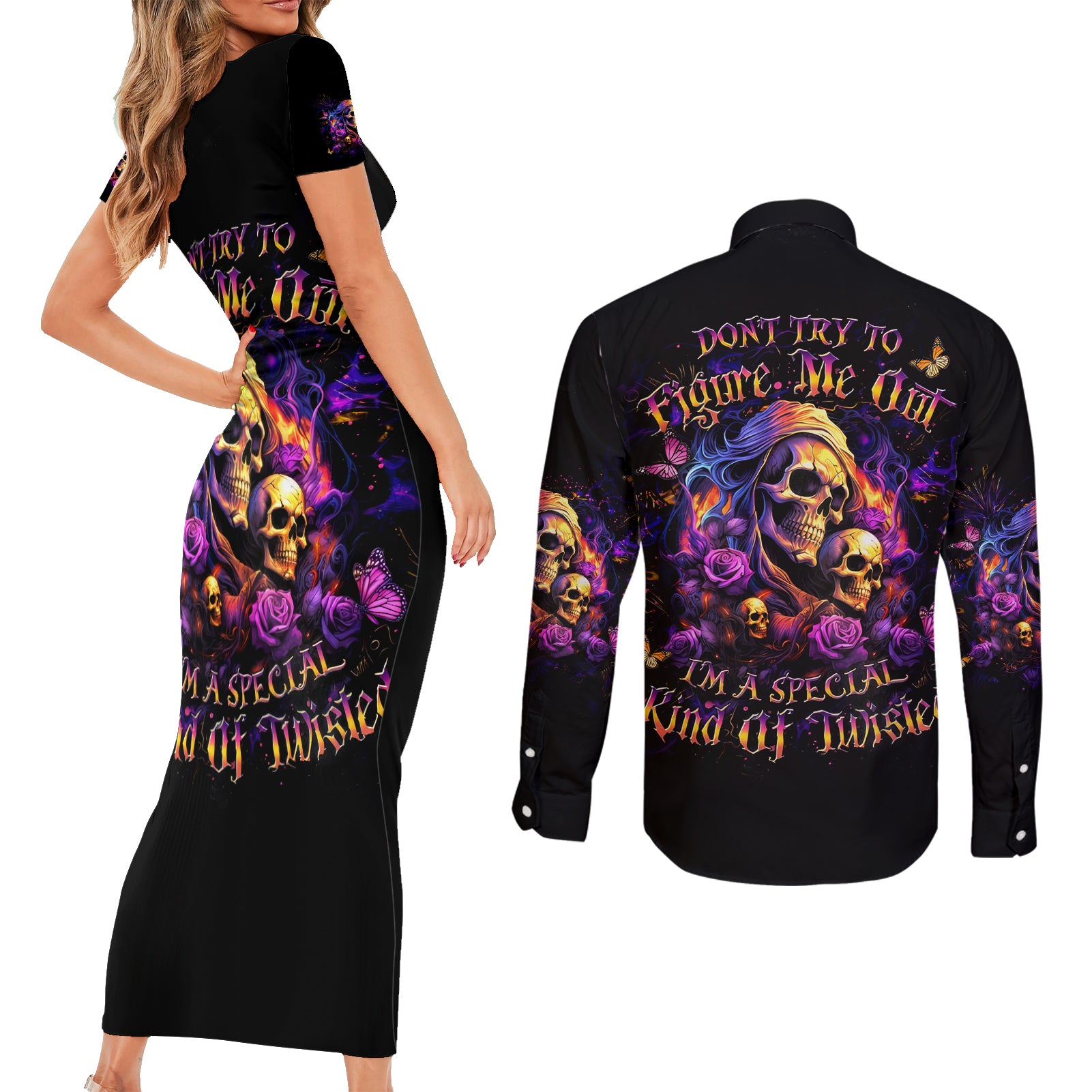 Irish Skull Couples Matching Short Sleeve Bodycon Dress and Long Sleeve Button Shirt Good Girl Drinve Wine, Badass Girl Chug Beer