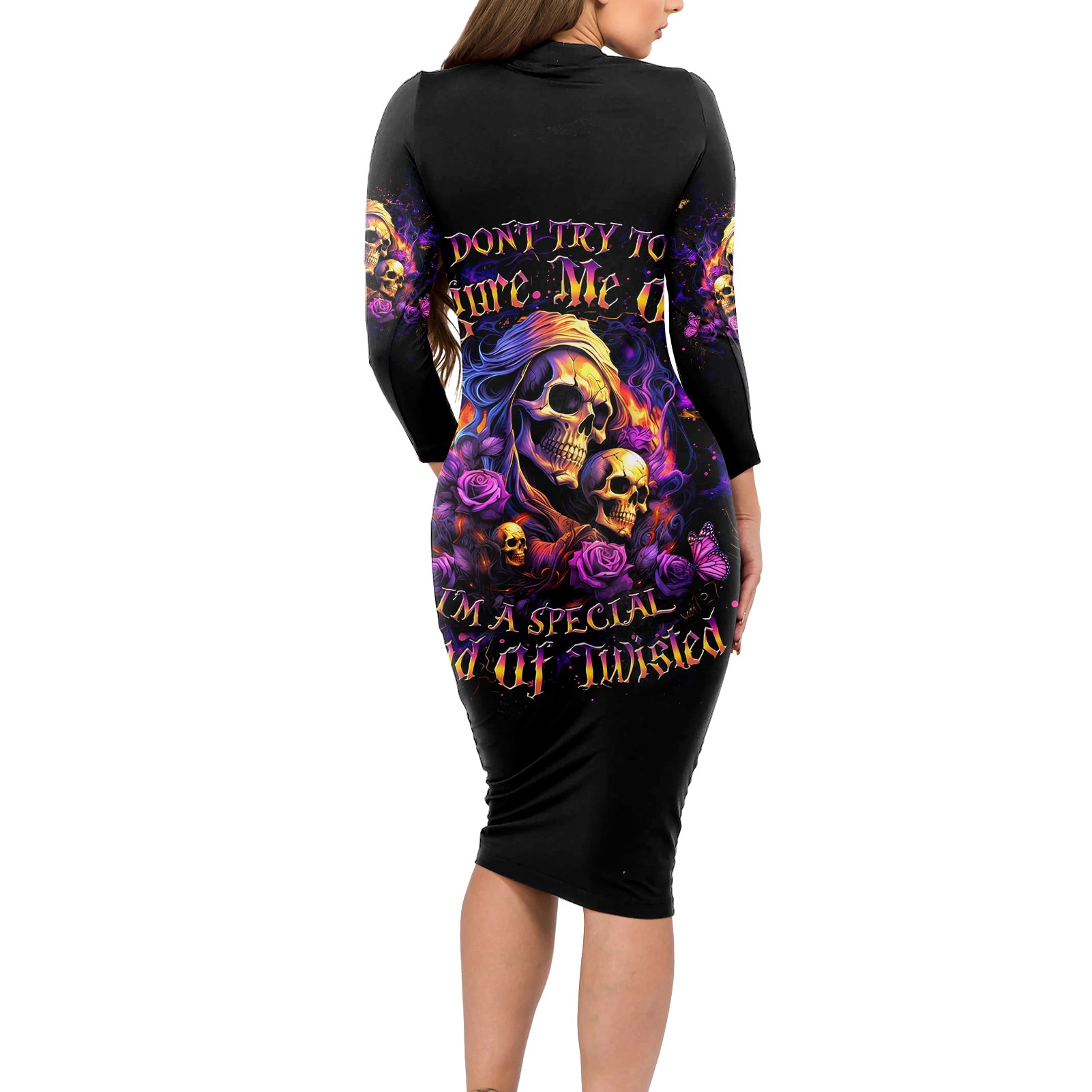 Irish Skull Long Sleeve Bodycon Dress Good Girl Drinve Wine, Badass Girl Chug Beer