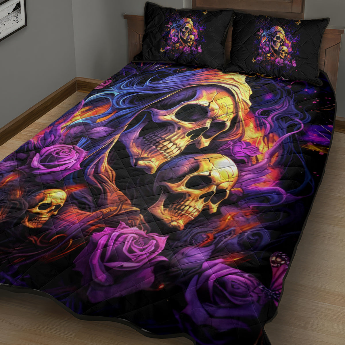 Irish Skull Quilt Bed Set Good Girl Drinve Wine, Badass Girl Chug Beer