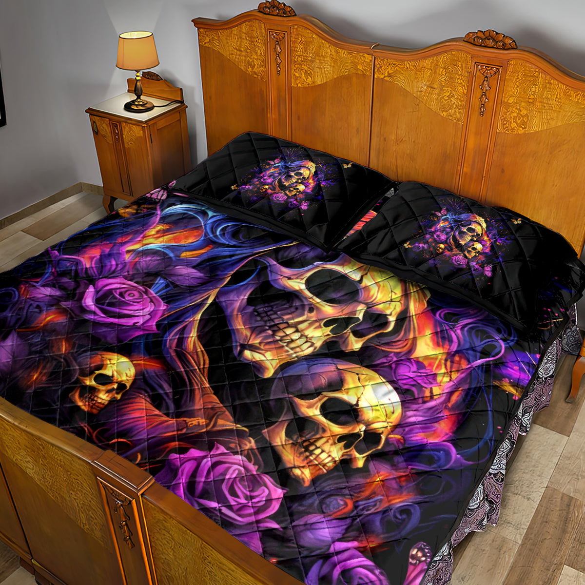 Irish Skull Quilt Bed Set Good Girl Drinve Wine, Badass Girl Chug Beer