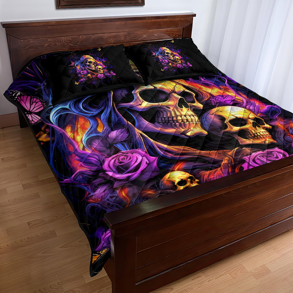 Irish Skull Quilt Bed Set Good Girl Drinve Wine, Badass Girl Chug Beer