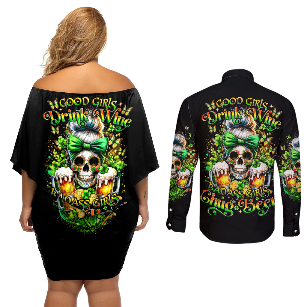 Rose Skull Couples Matching Off Shoulder Short Dress and Long Sleeve Button Shirt No Matter How Much I Try To Be Fucking Nice