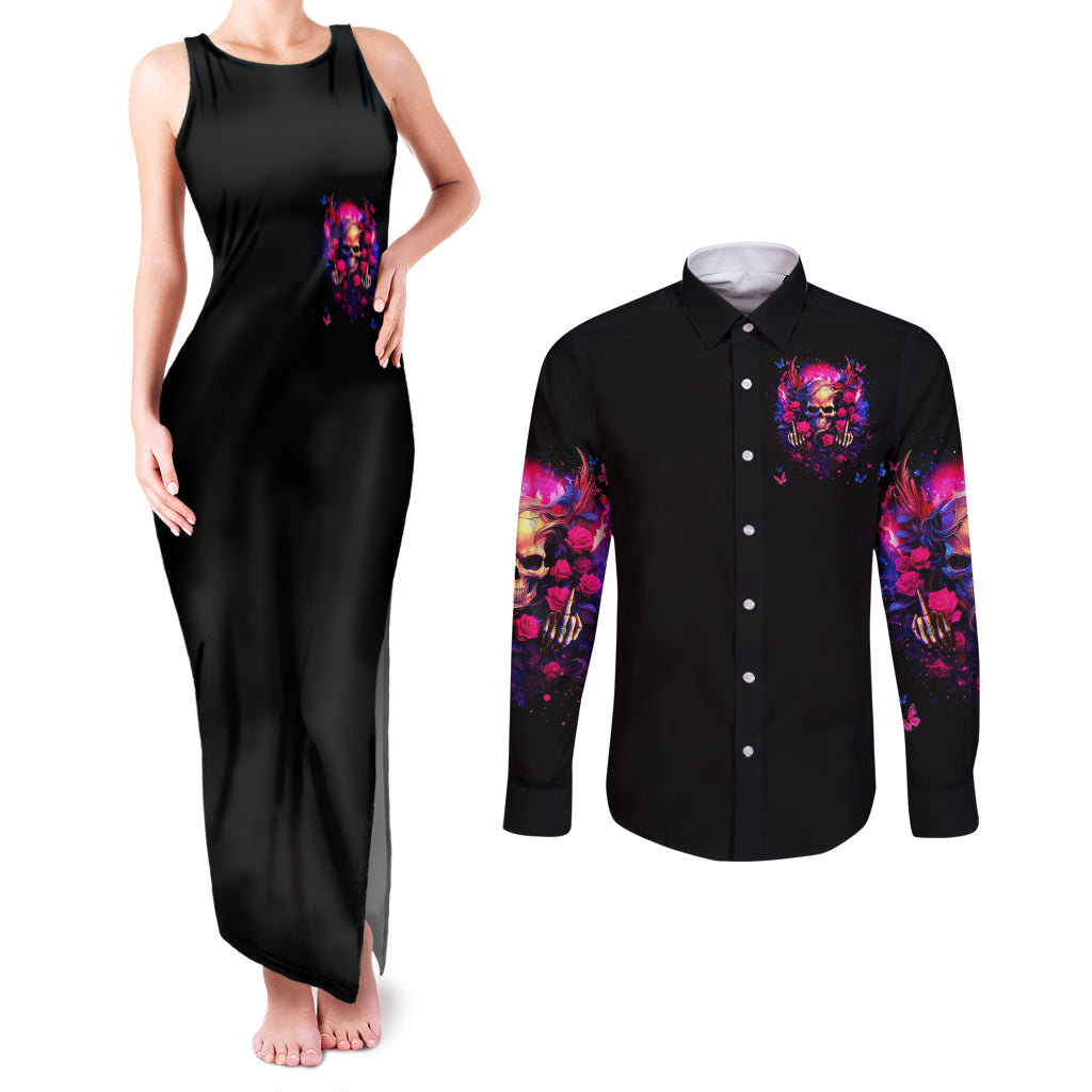 Rose Skull Couples Matching Tank Maxi Dress and Long Sleeve Button Shirt No Matter How Much I Try To Be Fucking Nice