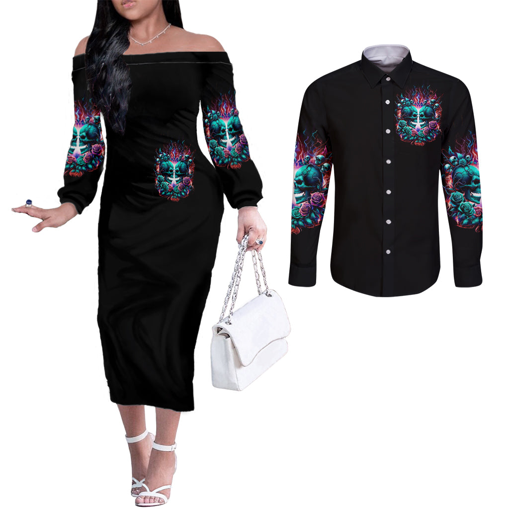 Twin Skull Couples Matching Off The Shoulder Long Sleeve Dress and Long Sleeve Button Shirt Don't Try Figure Me out I'm A Special Kind Of Twisted