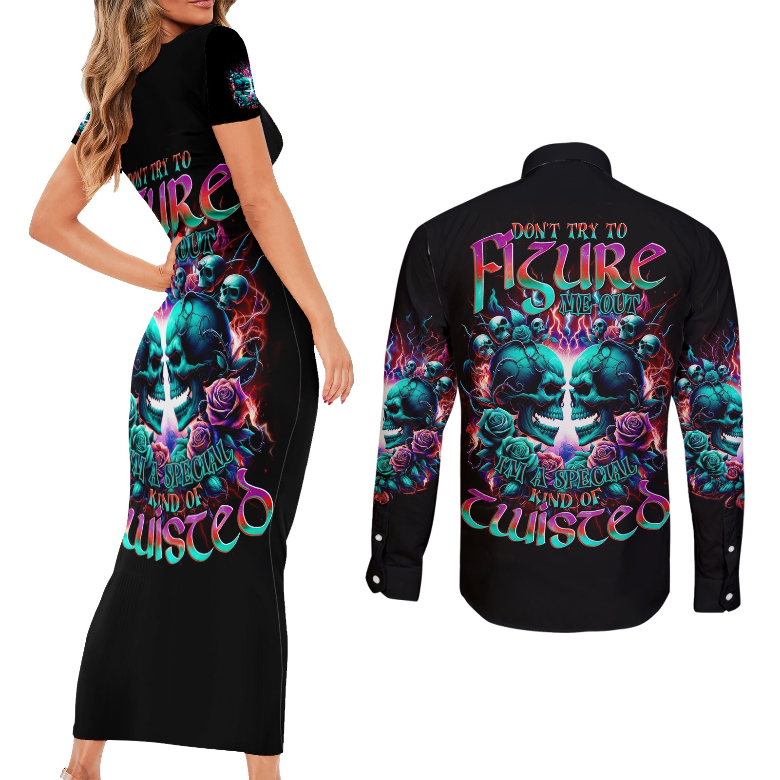 Twin Skull Couples Matching Short Sleeve Bodycon Dress and Long Sleeve Button Shirt Don't Try Figure Me out I'm A Special Kind Of Twisted
