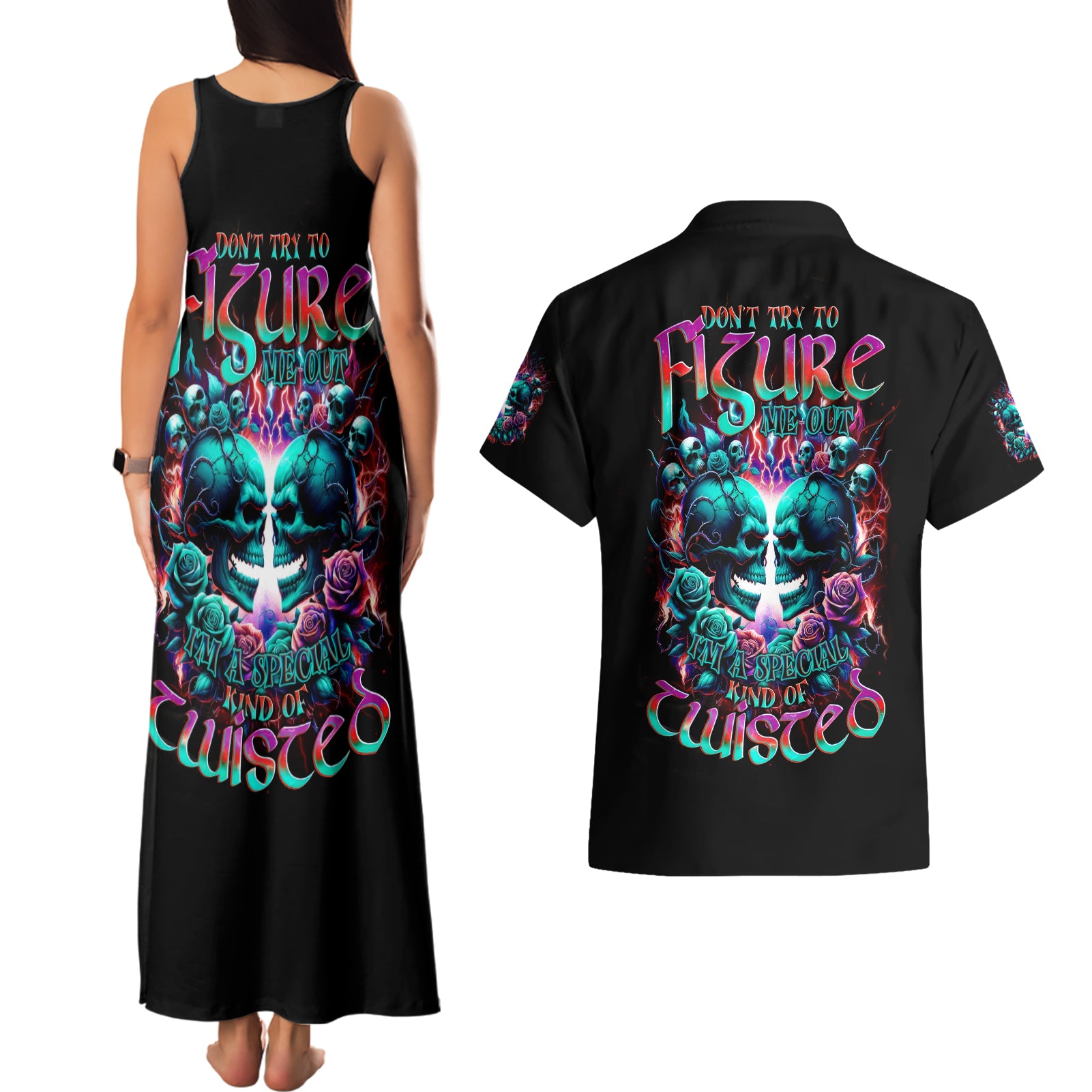 Twin Skull Couples Matching Tank Maxi Dress and Hawaiian Shirt Don't Try Figure Me out I'm A Special Kind Of Twisted