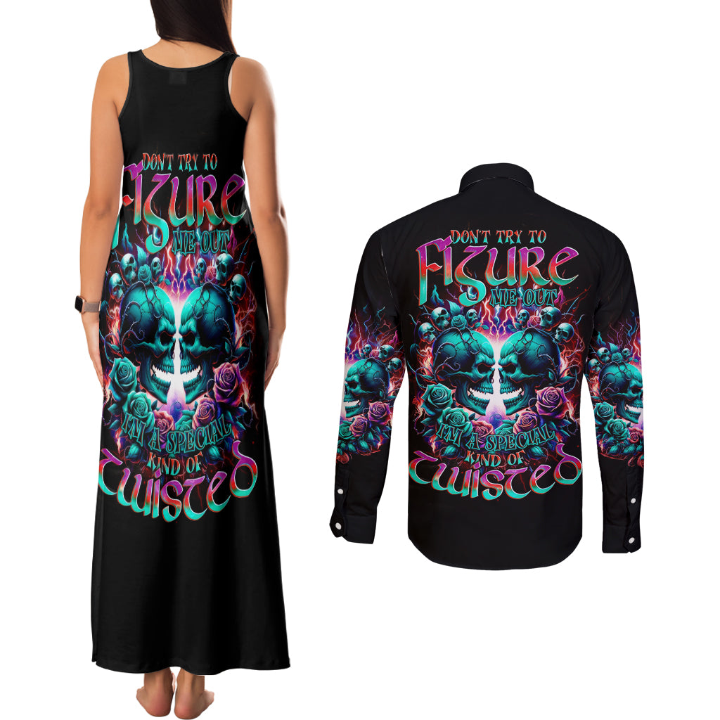 Twin Skull Couples Matching Tank Maxi Dress and Long Sleeve Button Shirt Don't Try Figure Me out I'm A Special Kind Of Twisted
