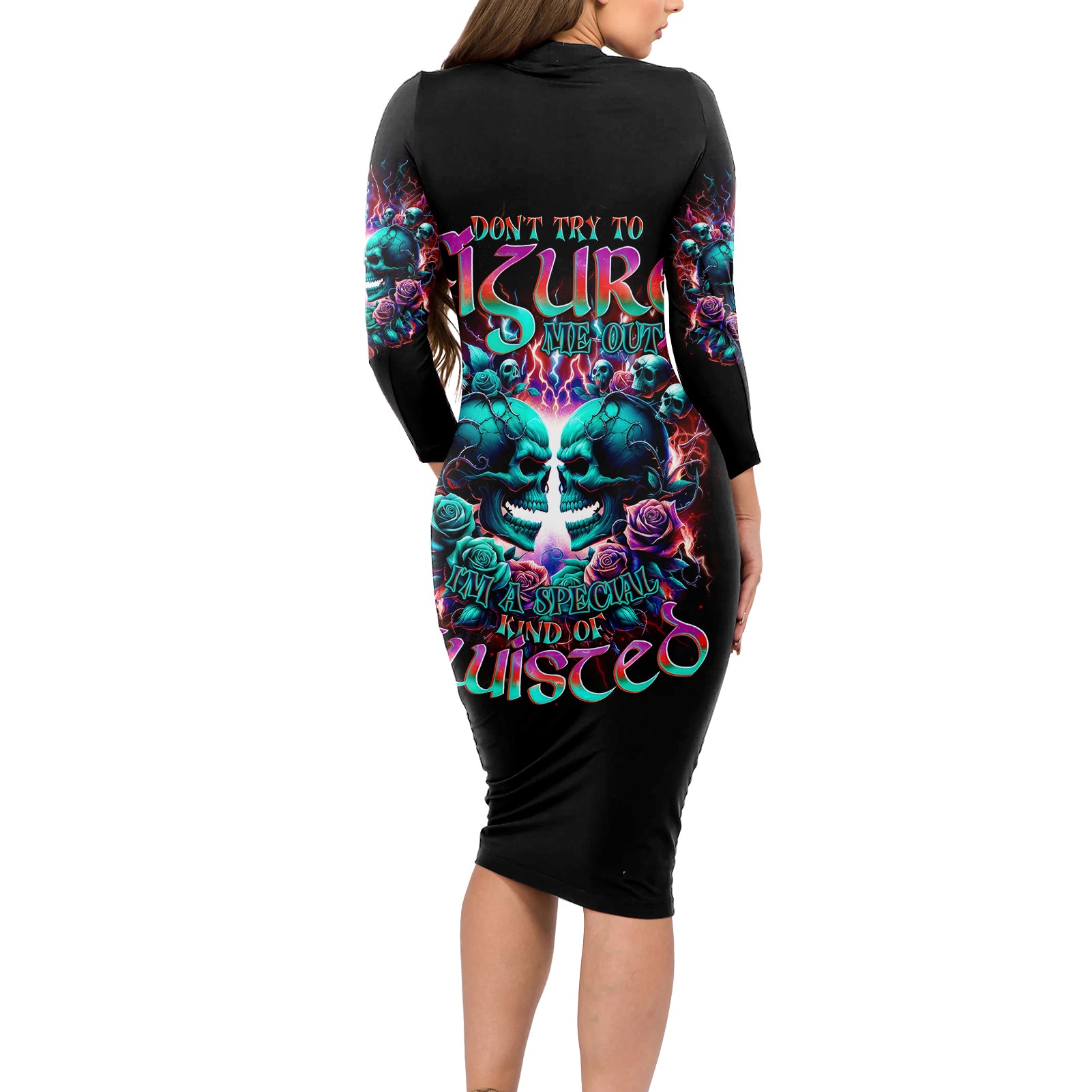 Twin Skull Long Sleeve Bodycon Dress Don't Try Figure Me out I'm A Special Kind Of Twisted