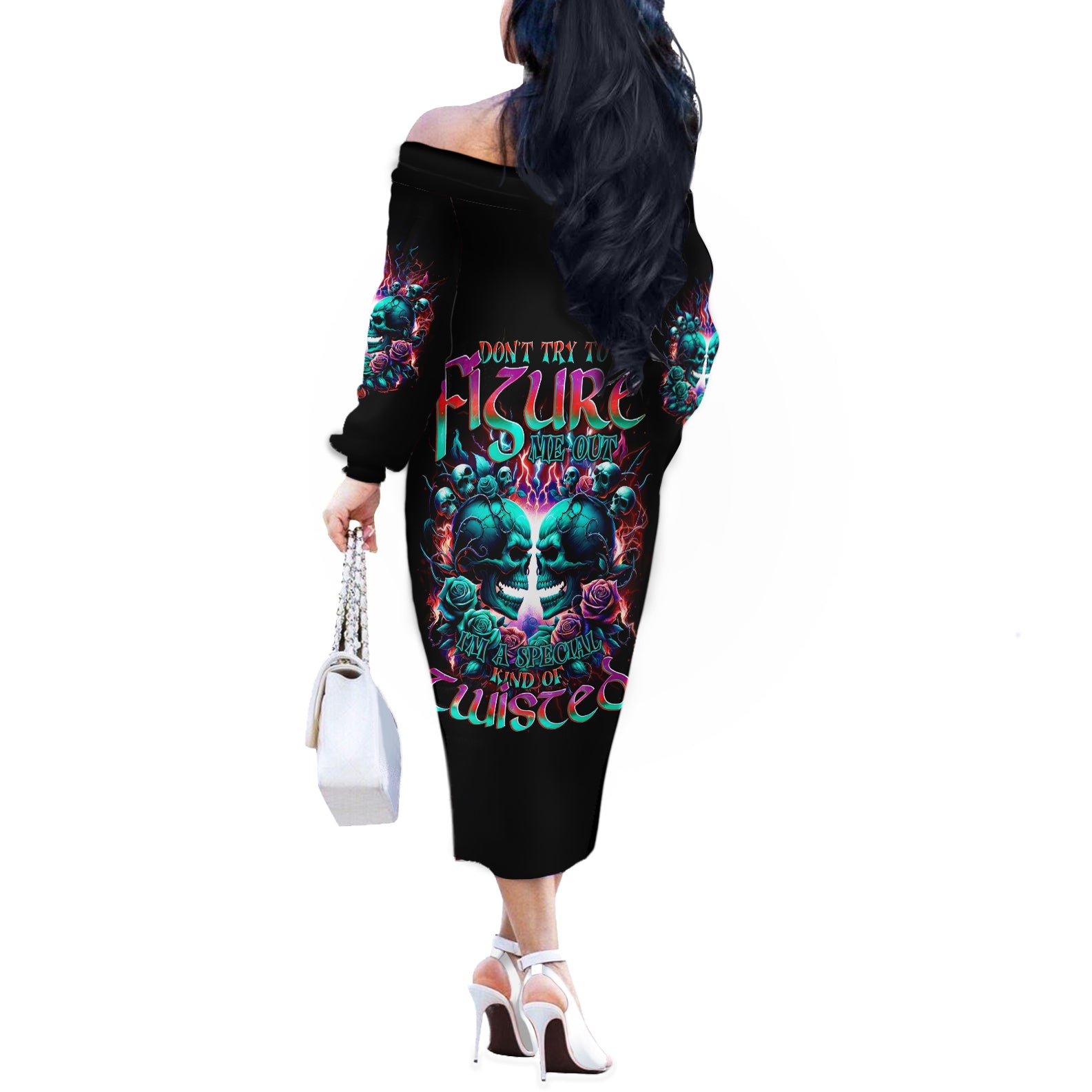 Twin Skull Off The Shoulder Long Sleeve Dress Don't Try Figure Me out I'm A Special Kind Of Twisted