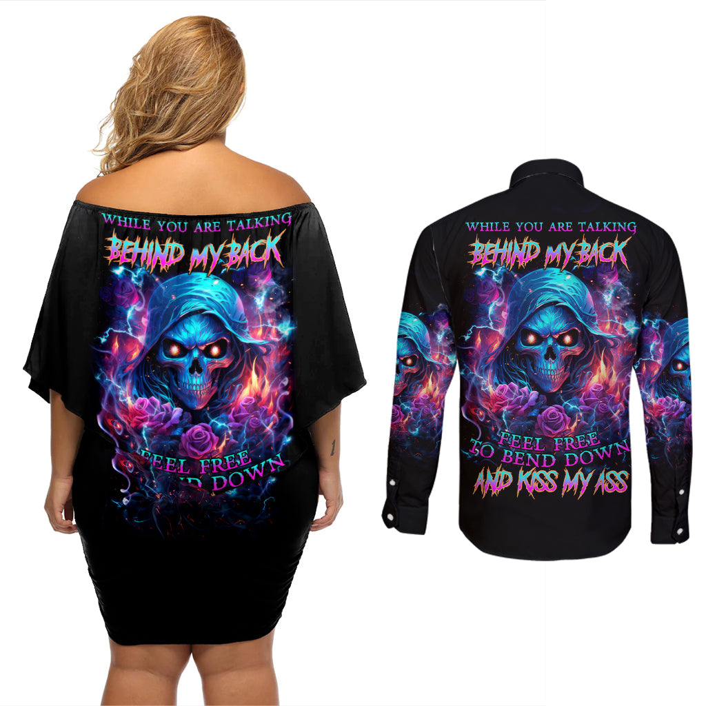 Flame Skull Couples Matching Off Shoulder Short Dress and Long Sleeve Button Shirt While You Are Talking Behind My Back Freel Free To Bend Down And Kiss My Ass