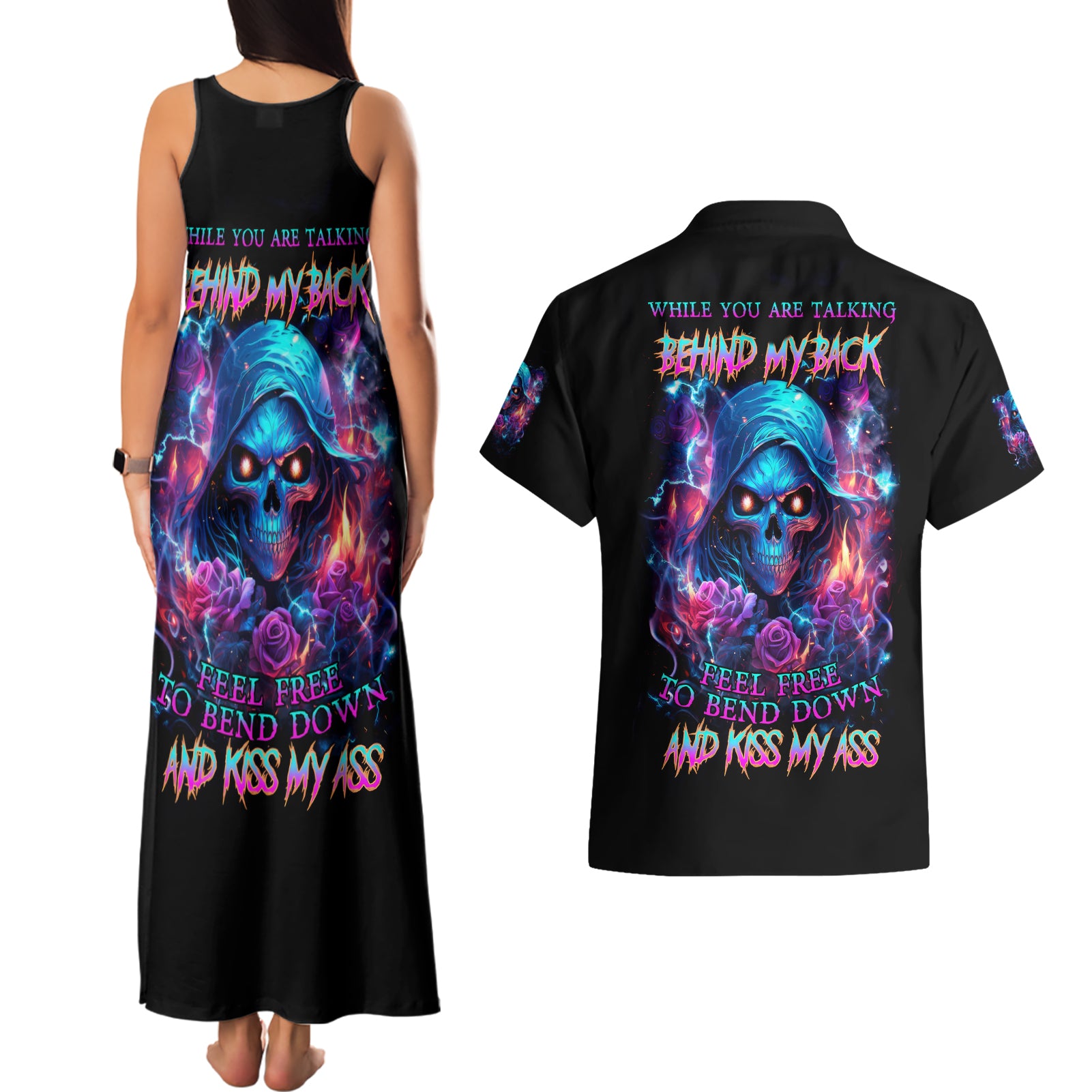 Flame Skull Couples Matching Tank Maxi Dress and Hawaiian Shirt While You Are Talking Behind My Back Freel Free To Bend Down And Kiss My Ass