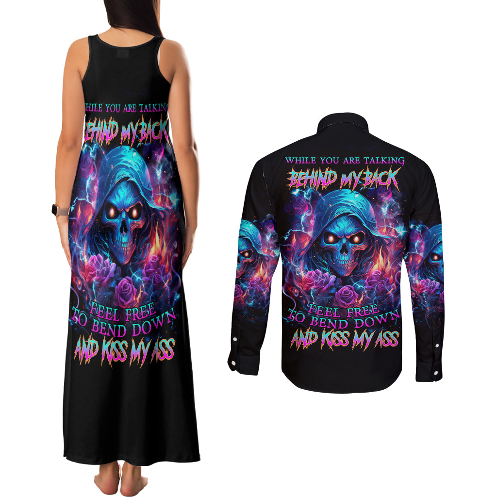 Flame Skull Couples Matching Tank Maxi Dress and Long Sleeve Button Shirt While You Are Talking Behind My Back Freel Free To Bend Down And Kiss My Ass