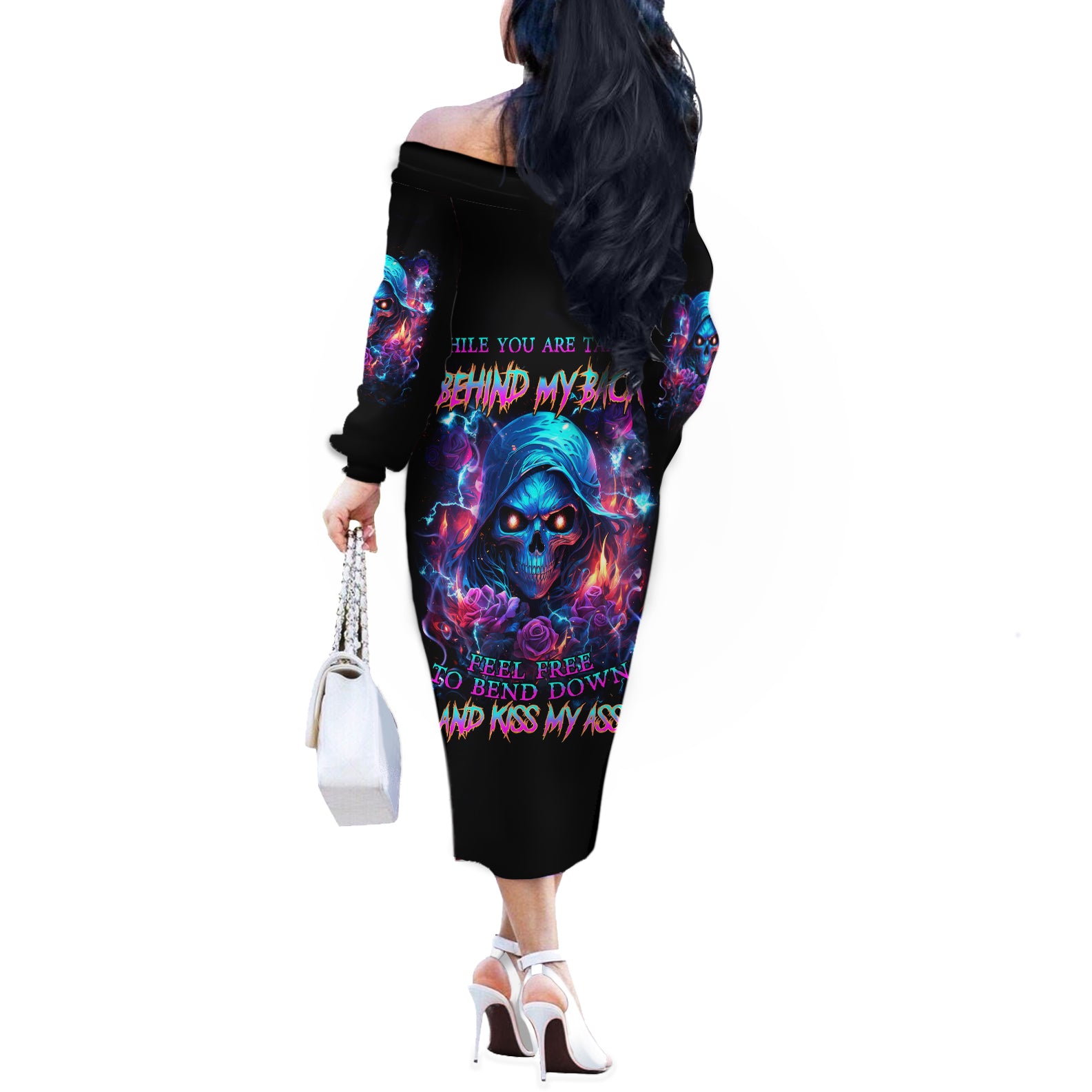Flame Skull Off The Shoulder Long Sleeve Dress While You Are Talking Behind My Back Freel Free To Bend Down And Kiss My Ass