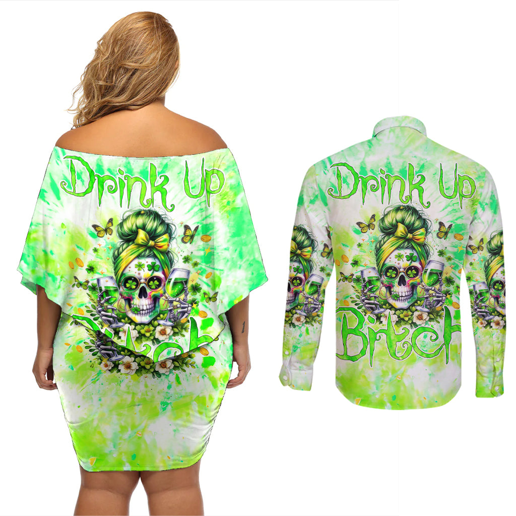 Irish Skull Couples Matching Off Shoulder Short Dress and Long Sleeve Button Shirt Drink Up Bitch