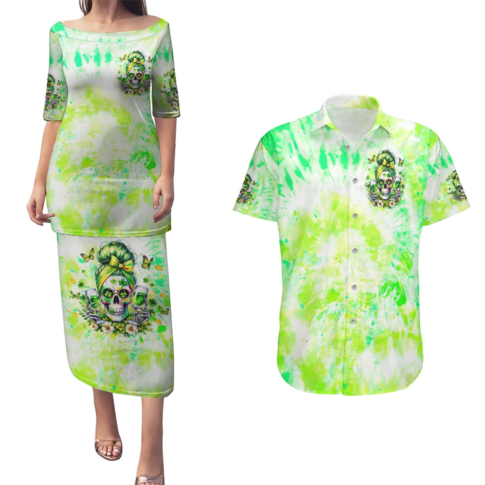 Irish Skull Couples Matching Puletasi and Hawaiian Shirt Drink Up Bitch
