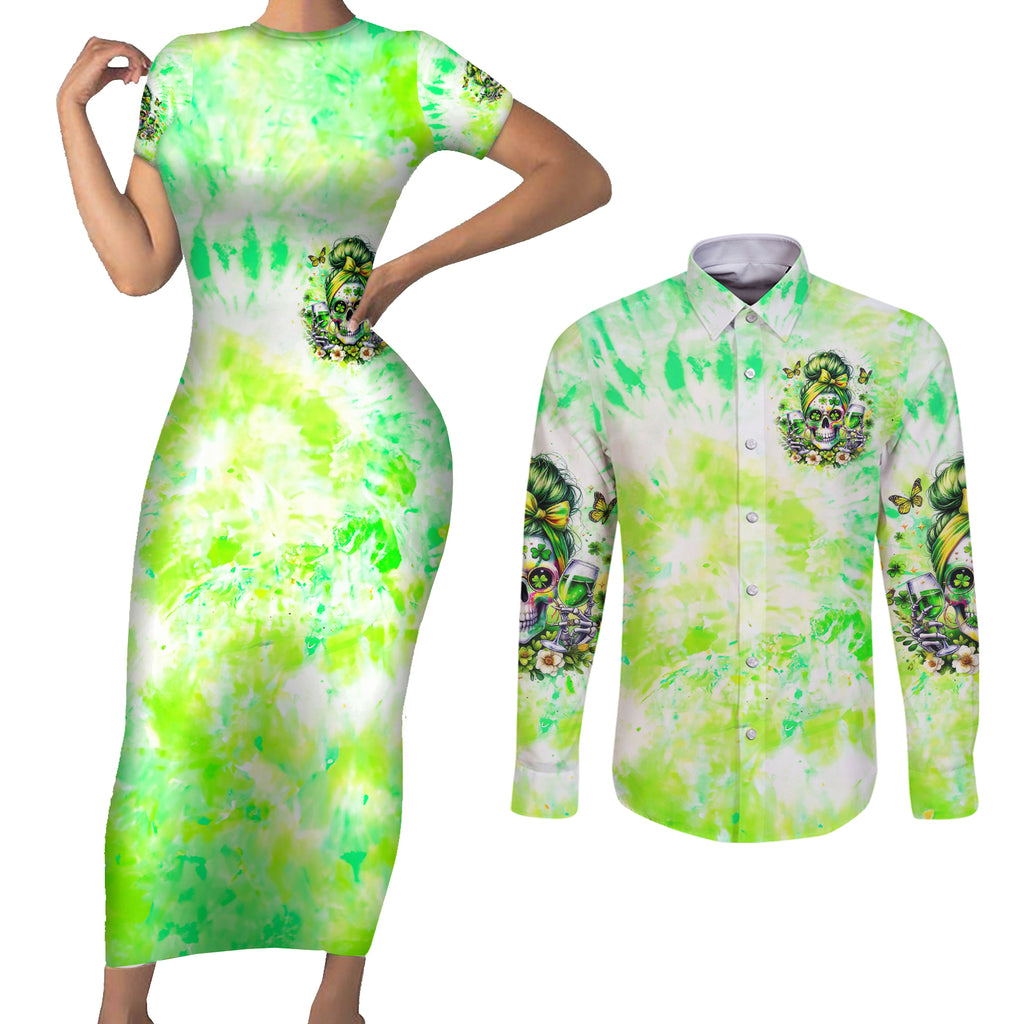 Irish Skull Couples Matching Short Sleeve Bodycon Dress and Long Sleeve Button Shirt Drink Up Bitch