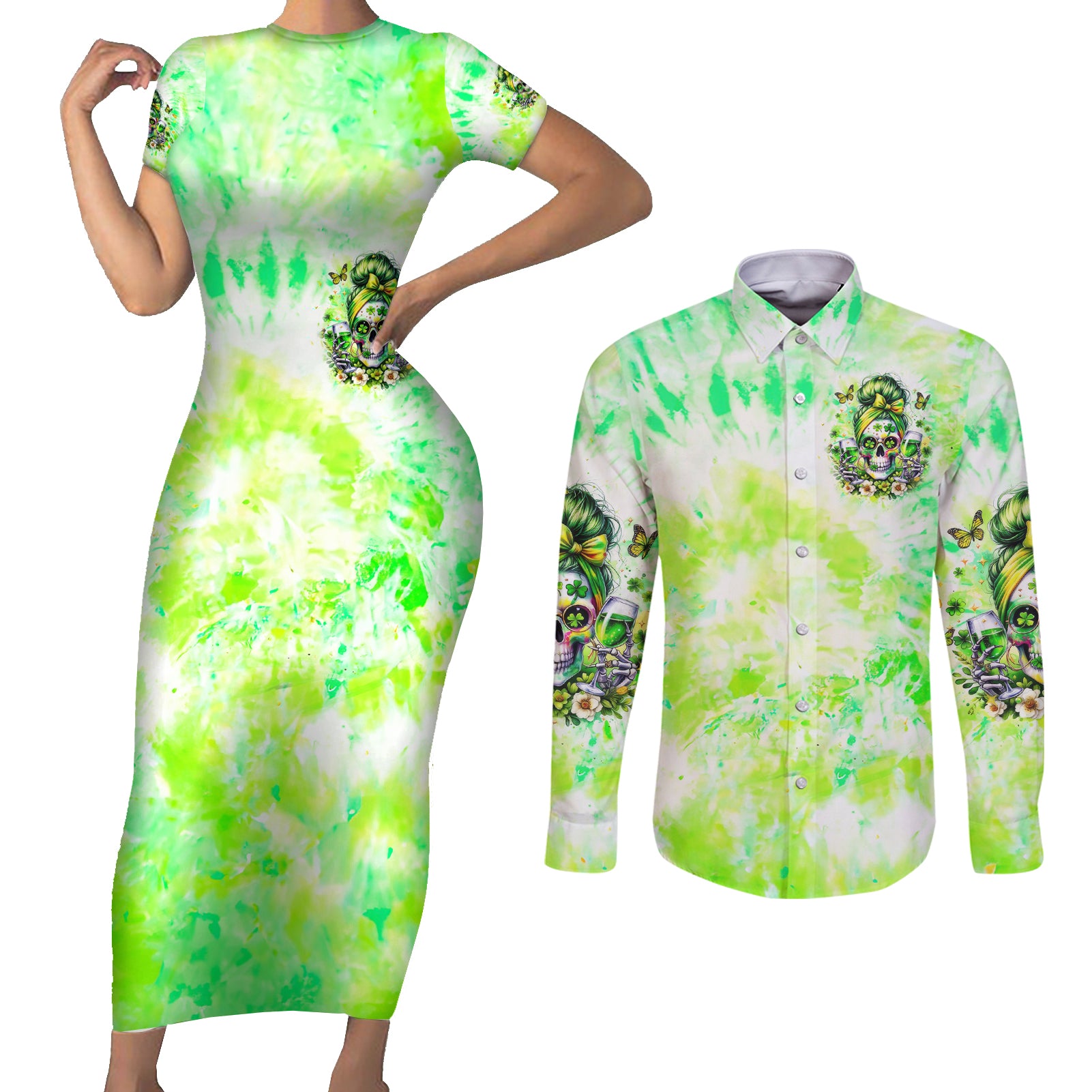 Irish Skull Couples Matching Short Sleeve Bodycon Dress and Long Sleeve Button Shirt Drink Up Bitch