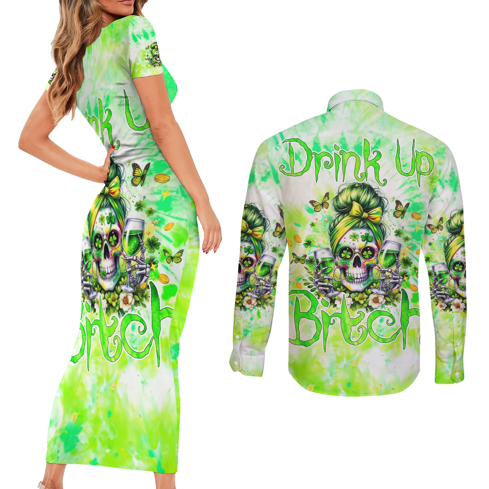 Irish Skull Couples Matching Short Sleeve Bodycon Dress and Long Sleeve Button Shirt Drink Up Bitch
