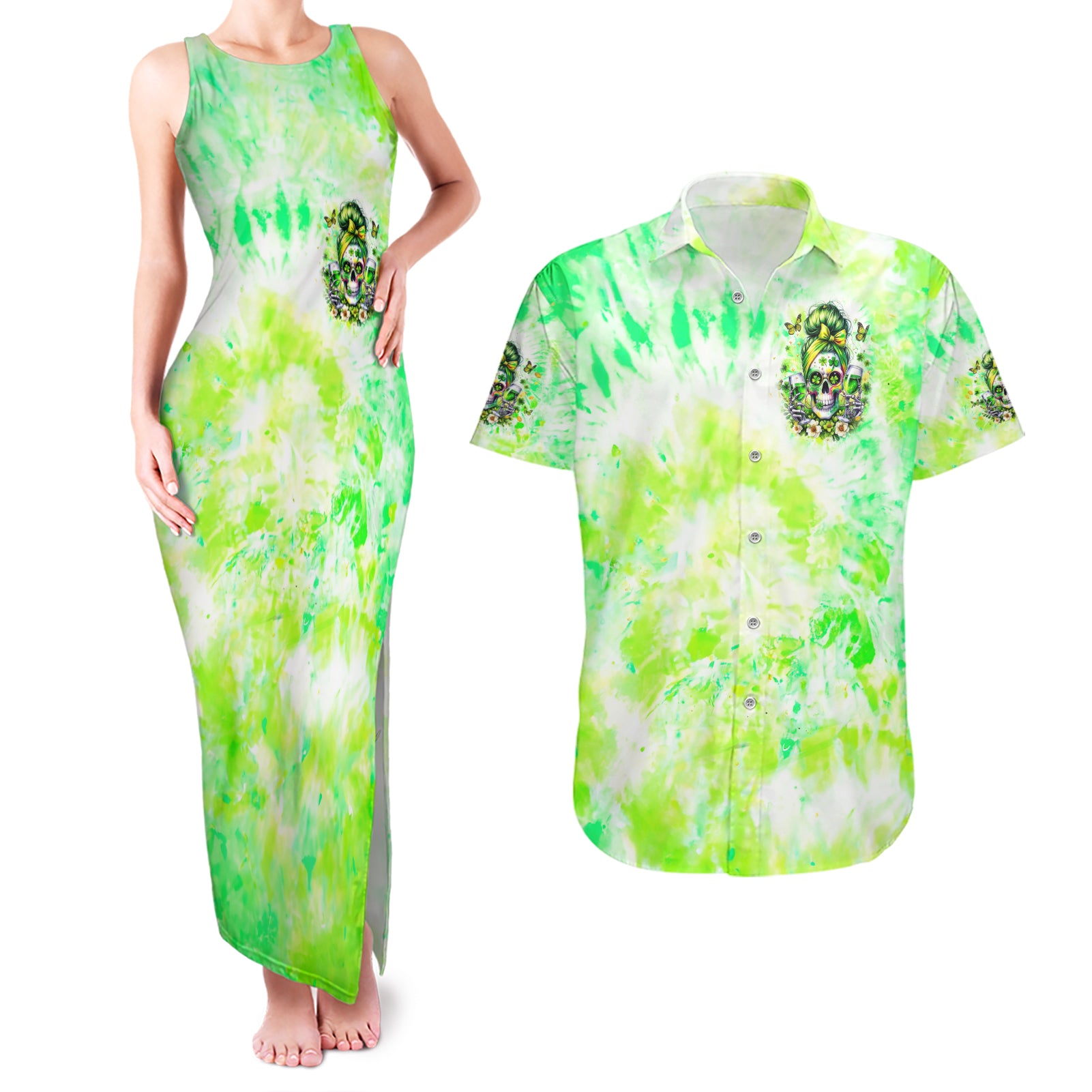 Irish Skull Couples Matching Tank Maxi Dress and Hawaiian Shirt Drink Up Bitch
