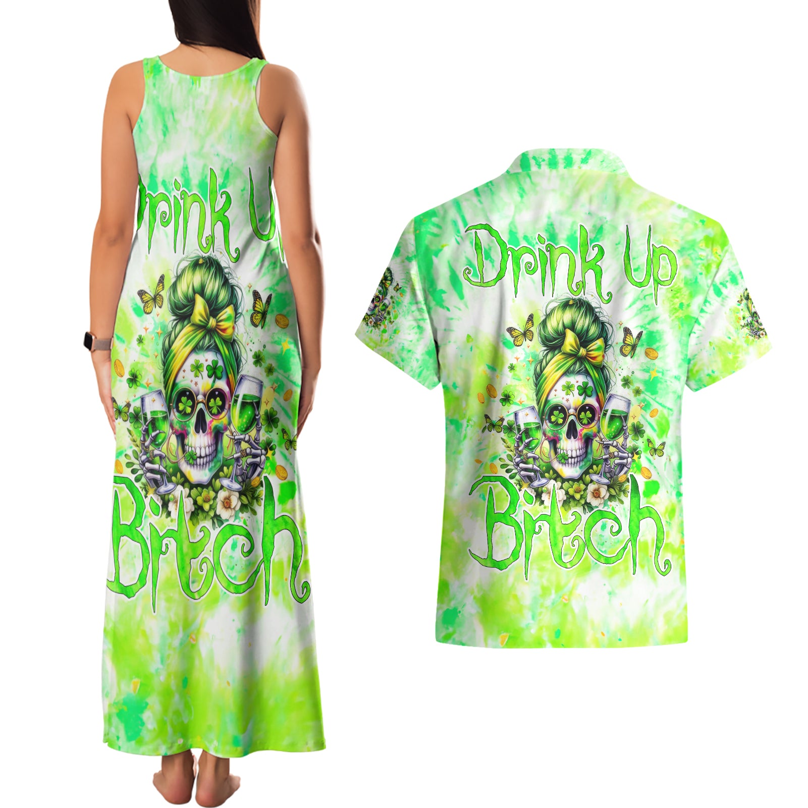 Irish Skull Couples Matching Tank Maxi Dress and Hawaiian Shirt Drink Up Bitch