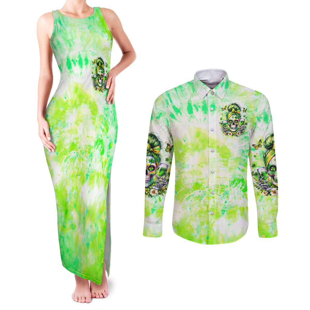 Irish Skull Couples Matching Tank Maxi Dress and Long Sleeve Button Shirt Drink Up Bitch