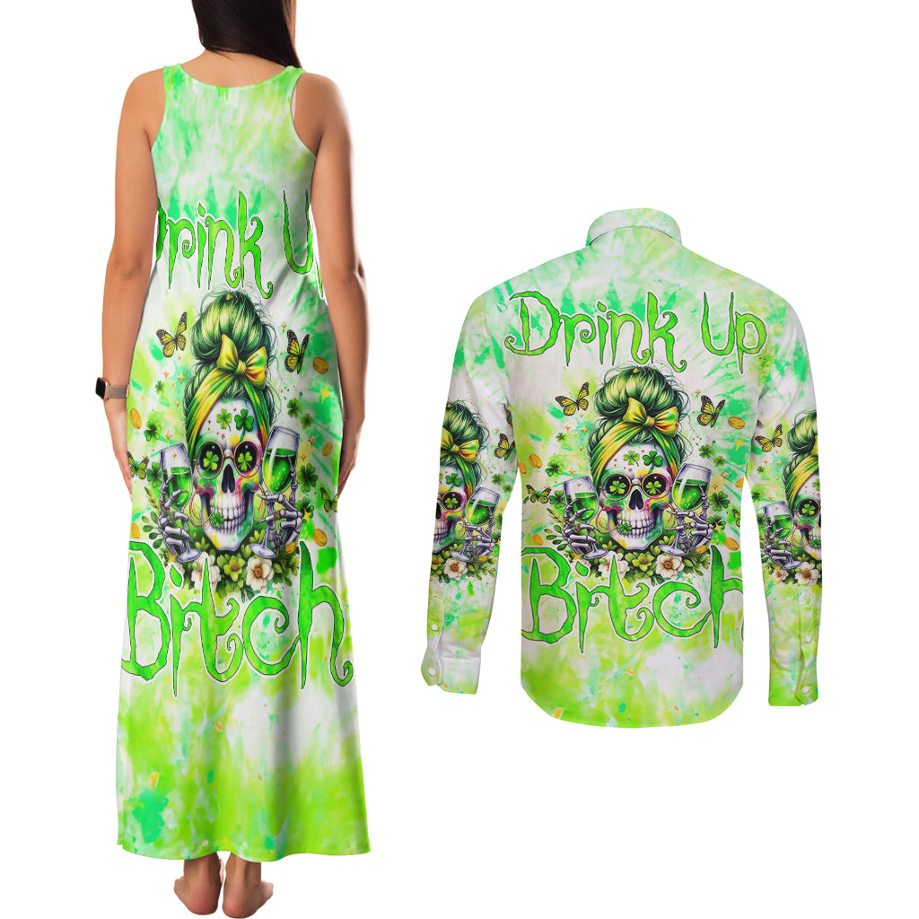 Irish Skull Couples Matching Tank Maxi Dress and Long Sleeve Button Shirt Drink Up Bitch