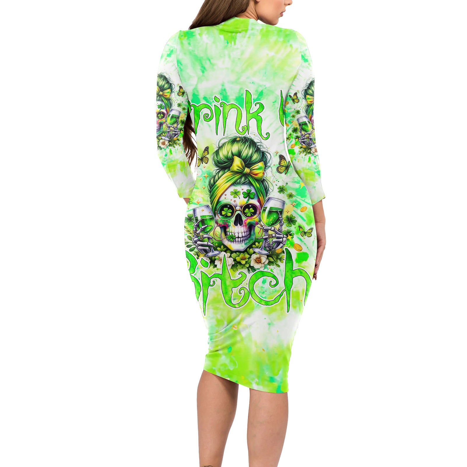 Irish Skull Long Sleeve Bodycon Dress Drink Up Bitch